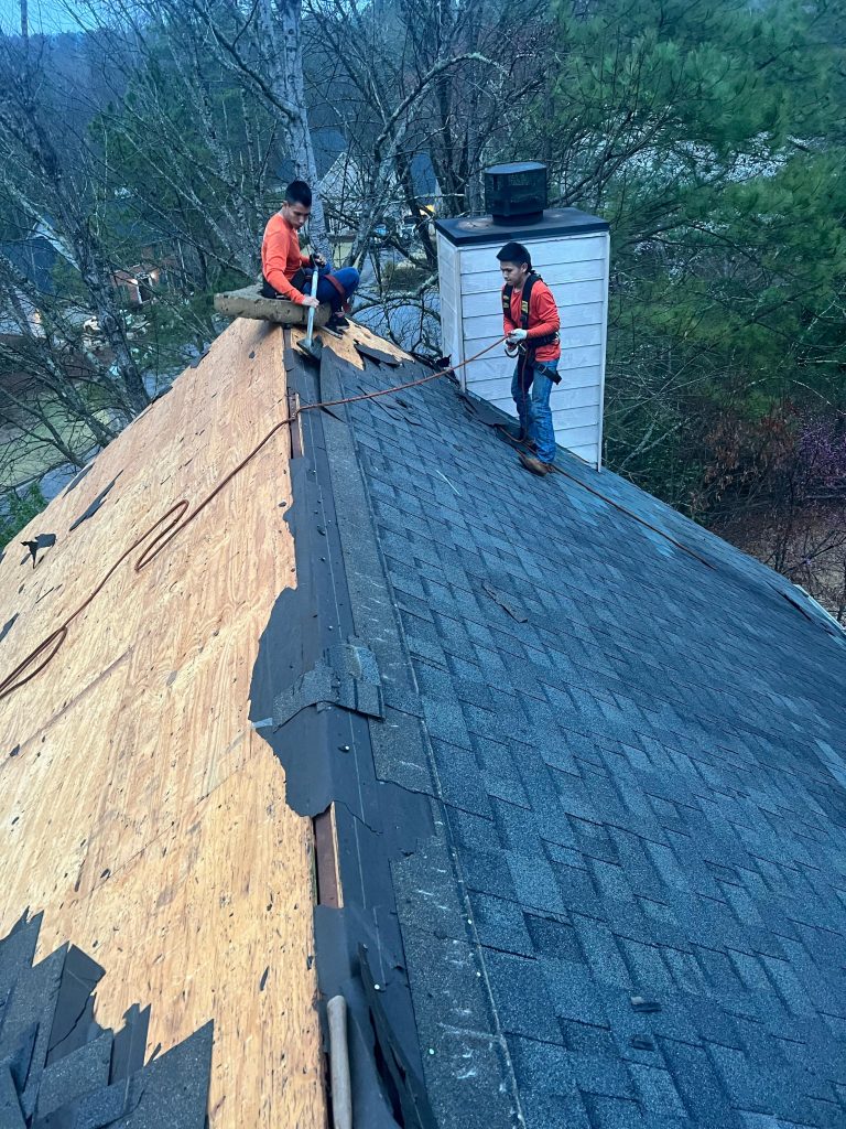 Roofers in orange shirts repairing asphalt shingles on a steep roof with visible wooden decking and chimney in a residential area.